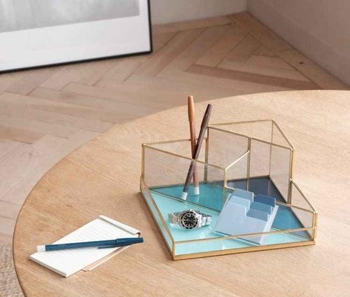 FONDAZZA Set of 2 Gold Desk Organizers for Home Office Supplies, Gold Brass and Blue Glass, 1 Each of Rectangle and Triangle Organizer, Storage for Stationery, Cosmetic, Makeup Tools and Brush.