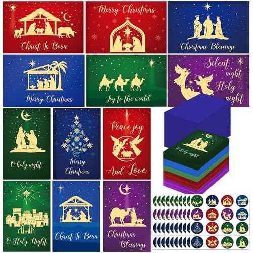 720 Pcs Religious Christmas Cards Bulk Nativity with Envelopes and Stickers Holiday Greeting Cards 12 Assorted Designs Merry Christmas Note Cards Set Blank Inside Religious Theme Xmas Cards
