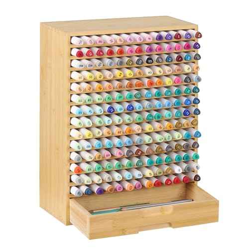 AUTOARK Natural Bamboo Marker Organizer with Drawer,182 Slots,Large Art Supply Storage for Artists,Teachers,Students - No Assembly Sturdy Desk Organizer for Classroom Office Decor,AHK-065
