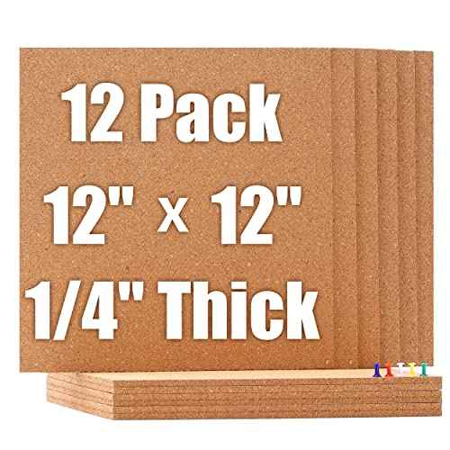 SUNGIFT Cork Board 12"x12" -12 Pack Bulletin Boards 1/4" Thick Square Decorative Cork Tiles with 100 PCS Push Pins Double-Sided Adhesive Corkboards Tiles for Wall Office