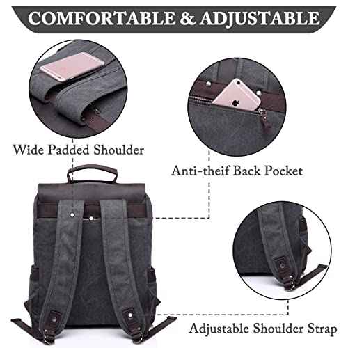 VASCHY Leather Laptop Backpack, Casual Canvas Campus Rucksack with 15.6 inch Laptop Compartment