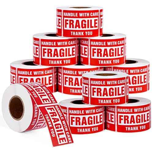 10 Rolls Fragile Stickers for Shipping 3 x 2 Inch 5000 Labels for Moving Boxes Handle with Care Sticker for Packing Small Business, Permanent Adhesive Fragile Labels (10 Roll, 500 Labels/Roll)