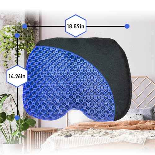 Blue Gel TPU Seat Cushion ? Large Contoured Honeycomb Cooling Gel Cushion for Long Sitting, Pressure Relief for Tailbone & Sciatica, Non-Slip Washable Cover ? 18.89 x 14.96 in