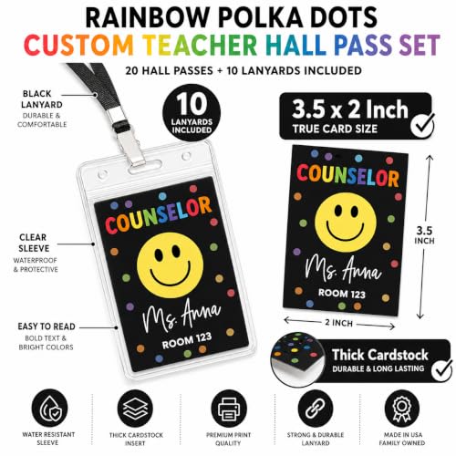 Rainbow Polka Dots Personalized Teacher Hall Pass Set with Cardholder Lanyards