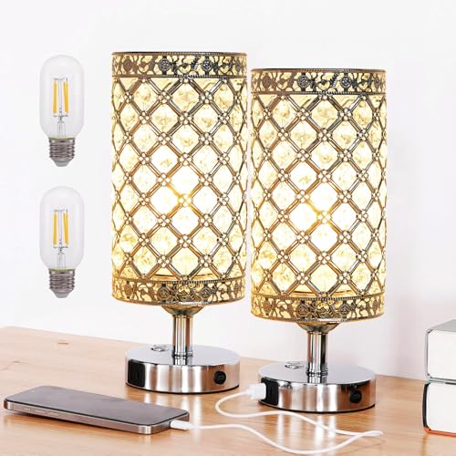 Crystal Table Lamp, Cordless Touch Desk Lamp, Dimmable Bedside Lamp, Modern Nightstand Lamp, 3000K Warm White LED Bulb with USB C+A Charging Port 4000MAH Battery Operated Light for Bedroom