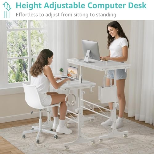 Small White Rolling Standing Desk with Wheels, 32 Inch Small Portable Adjustable Height Mobile Stand Up Desks for Treadmill Walking Pad & Teachers, Couch Sofa Side Laptop Table for Bedroom