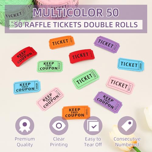 10,000 Raffle Tickets 10 Rolls of 1000 Tickets Each Raffle Tickets Double Roll 50/50 Raffle Tickets for Events Party Entry Carnivals Classroom Rewards (10 Color 10,000)