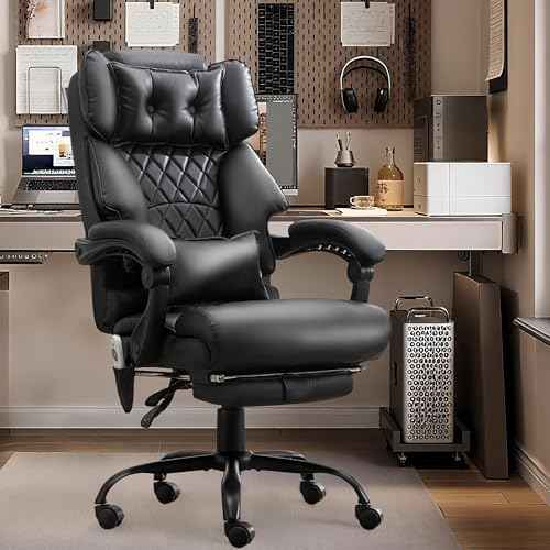 Massage Office Chair with Foot Rest,6 Points Vibration & Heat Executive Office Chairs,Big and Tall Leather Office Chair 500LBS,Ergonomic Desk Chair for Heavy People,Recliner with Dual-Use Pillow,Black