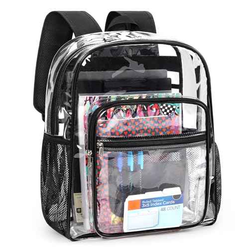 ZORFIN Clear Backpack Heavy Duty for School ? 18in Transparent PVC Bag with Large Capacity & Reinforced Straps for Men, Women, Boys & Girls - See Through Bookbag for College Workplace Security, Black