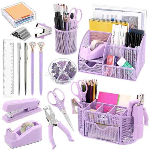 17 in 1 Purple Desk Organizers and Accessories Set, 3 Office Desk Supplies Storage Organization, 4 Pens, Stapler, Staples & Remover, Tape & Dispenser, Scissors, Ruler, Clips, Hole Punch Back to School