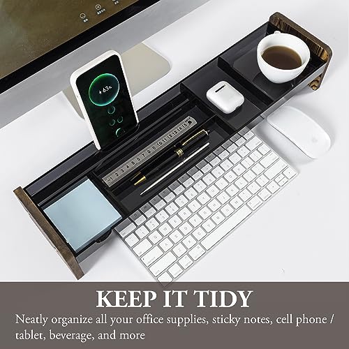MyGift Premium Dark Gray Acrylic Desk Storage Tray with Rustic Burnt Solid Wood Side Panel Legs, Office Desktop Over Keyboard Supplies Holder, Includes Cable Organizer