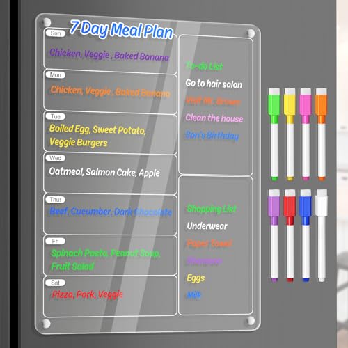 OORAII Weekly Meal Planner Acrylic Calendar Board for Kitchen - Includes 8 Markers