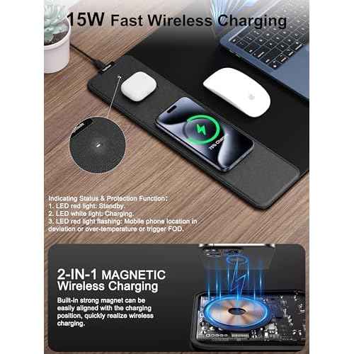 TopMade Wireless Charging Mouse Pad, Waterproof Gaming Mousepad with Ultra-Smooth Surface, Non-Slip Base, 31.5"x15.75" XXL Large Desk Pad, Classic Black Computer Desk Mat for MacBook, PC, Laptop