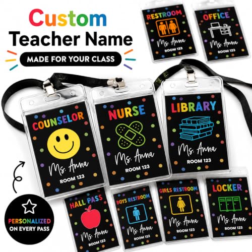 Rainbow Polka Dots Personalized Teacher Hall Pass Set with Cardholder Lanyards