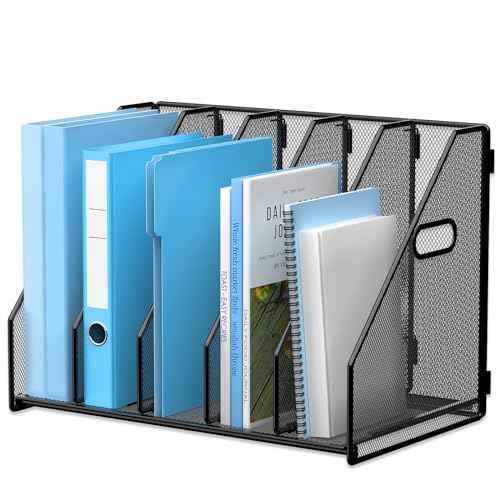 Desk File Organizer Metal Desk Magazine Folder Holder with 5 Vertical Compartments Rack File Organizer for Office, Home, School, Black