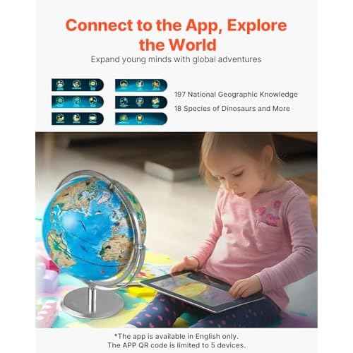 VEVOR Educational World Globe, 10 in/254 mm, Interactive Globe for Kids, with AR Golden APP, 720¡Æ Rotation, LED Night Lighting, 197 National Geographic Knowledge, STEM Toy, for Children Ages 4?10