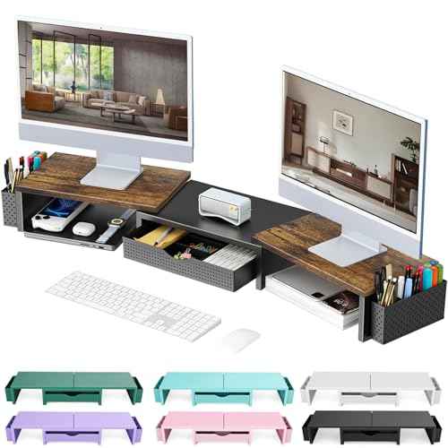 gianotter Dual Monitor Stand Riser, Desk Organizer With Drawer and 2 Pen Holders,Computer Monitor Stand, Desk Shelf for Top of Desk, Wood
