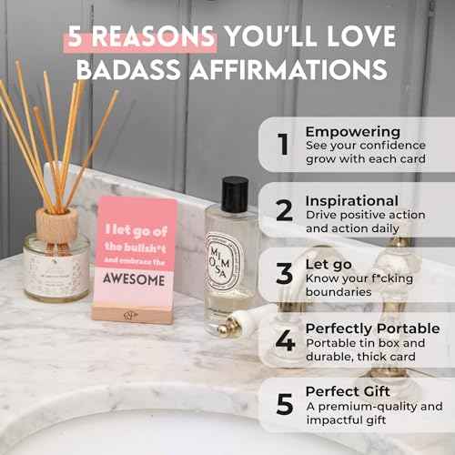 Badass Affirmation Card for Women - 50 Funny, Sweary Affirmation Cards in Tin Box with Wooden Stand - Motivational & Inspirational Gifts - Unique Birthday Gifts for Women, Best Friend, Sister