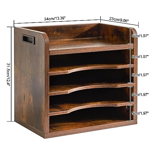 YMYNY Desktop File Organizer with Handle, Document Letter Mail Tray Sorter with 3 Adjustable Shelves, 5 Tiers Paper Holder for School Home Office Desk, Rustic Brown,13.4 * 12.4 * 9.06" UHBC006H