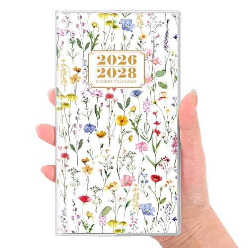 SKYDUE Floral White Pocket Calendar 2026-2028 | 3.8x6.5in Compact Monthly Planner for Purse