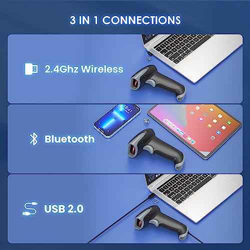 Eyoyo 2D 1D Wireless Barcode Scanner with Stand, 3-in-1 Barcode Reader 2.4G Wireless & Bluetooth & Wired USB Connection, Handheld QR Code Scanner for iPhone, Mac, Android, Store, Warehouse, Library