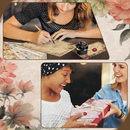 TaoBary 160 Pcs Stationery Paper Set 50 Double Sided Stationery Papers with 50 Matching Envelopes and 60 Round Dot Sticker, 10 Design(Vintage Floral,5.5 x 8.25 Inch)