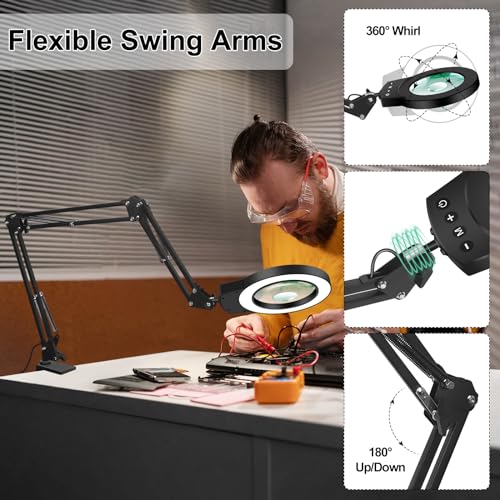 NOEVSBIG Desk Magnifying Glass with Light 10+5X Desktop Lamp Close Work Up for Table Crafting, Reading, Sewing, Panting, Soldering, Ultra Long 3-Section Swing Arm Design for Large Workbench