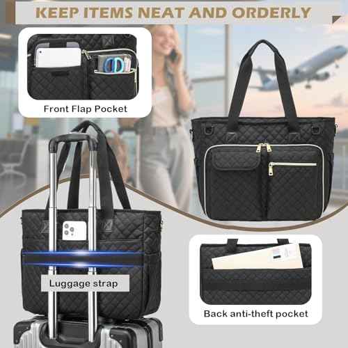 Teacher Tote Bag - 15.6 inch Laptop Teacher Bags for Women, Nurse Bags for Work, Nursing, College, Office & Commuter, Womens Briefcase Quilted Tote Handbag with Insulated Pockets, Black