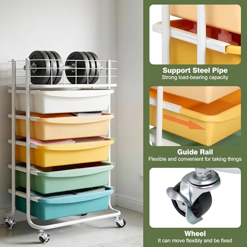 Rolling Storage Cart with 5 Drawers and Steel Top, Mobile Utility Organizer