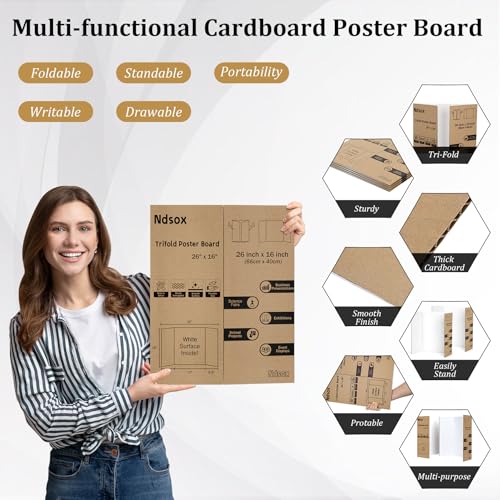 Ndsox 4 Pack 26 x 16 Inch White Trifold Poster Boards for Science Fair & Presentations