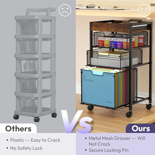 Rolling File Cart with Drawers - 4-Tier Espresso Under-Desk Mobile Office Organizer