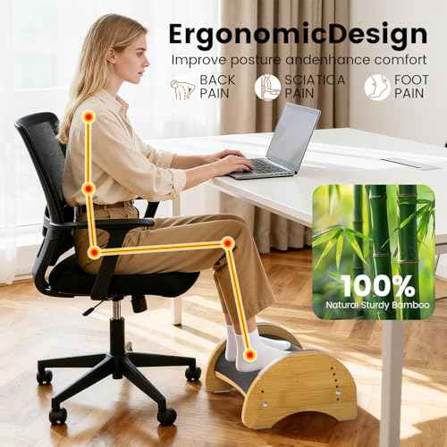 Bamboo Foot Rest for Under Desk at Work, Reversible Ergonomic Rocking Office Foot Rest, 6 Heights Adjustable & Non-Slip Mats with Foam Cushion, Under Desk Footrest for Home Office