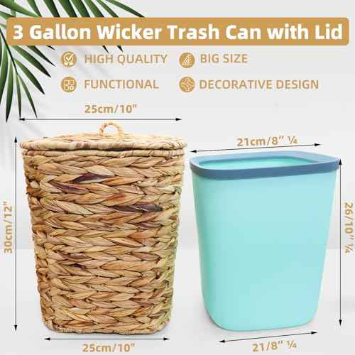 3 Gallons Wicker Waste Basket Can with Lid & Liner, Handwoven Wastebasket Wastepaper Basket with 60Pcs Bag, Wicker Trash Garbage Rubbish Can Bin Basket for Bedroom Bathroom Kitchen Office