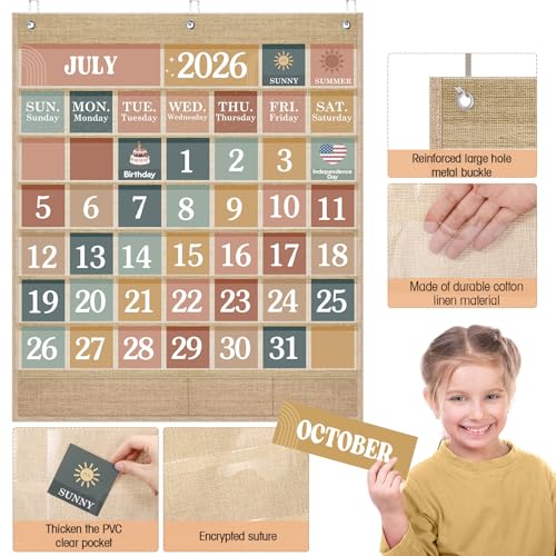 Sinload Linen Color Modern Boho Classroom Calendar Pocket Chart with Cards & Hooks