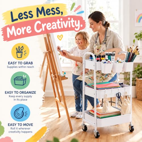 Recximi Simple White 3-Tier Heavy Duty Metal Rolling Cart with Lockable Wheels