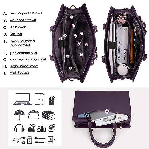 RAINSMORE Laptop Bag for Women 15.6 Inch PU Tote Bag Business Work Bag Waterproof Briefcase Computer Tote Lightweight Handbag Shoulder, Dark Purple