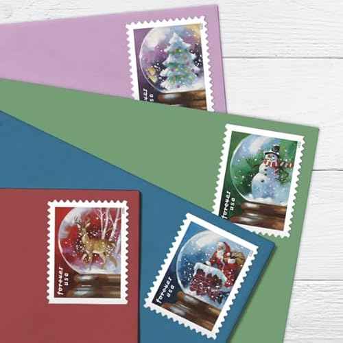 United States Postal Service USPS Snow Globes (Booklet of 20) Forever Postage Stamps (A Snowman, Santa Claus Poised on a Chimney, a Majestic Deer, and a Christmas Tree) 2023 Scott #5816-5819