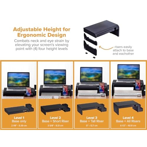 Bostitch Konnect Adjustable Monitor Riser with Drawer, Cell Phone Stand & Pencil Holder, Laptop Stand for Desk, 4 Height Levels, Cable Management & Rubber Feet
