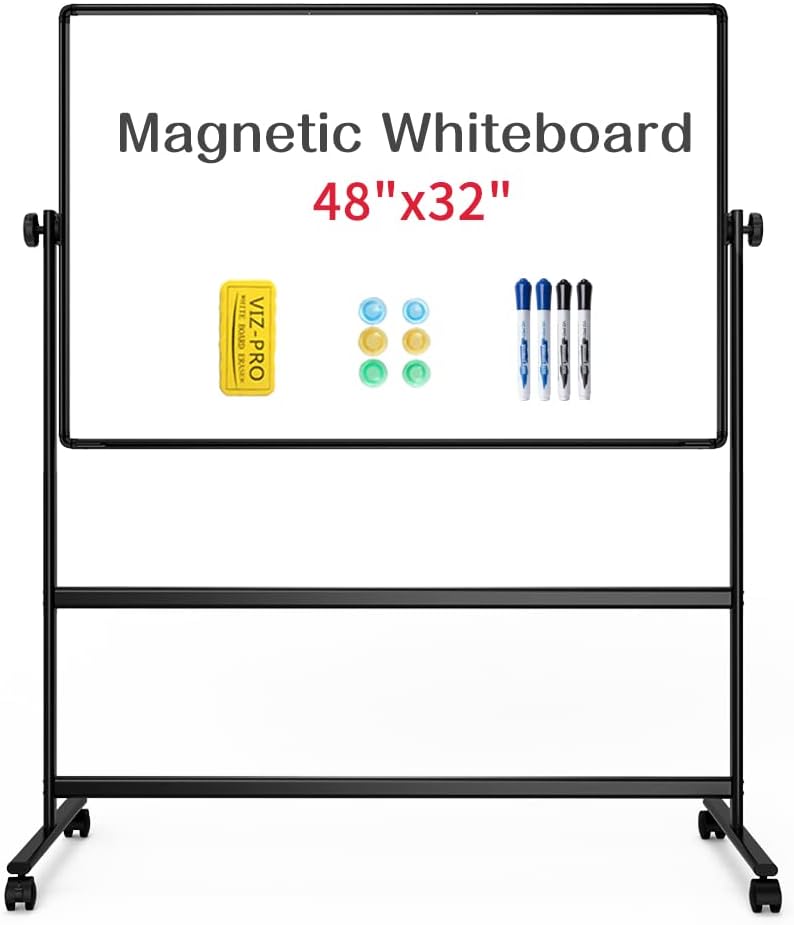VIZ-PRO Double-Sided Magnetic Whiteboard - 48 x 32 Inches, Height Adjustable, Includes Markers & Accessories