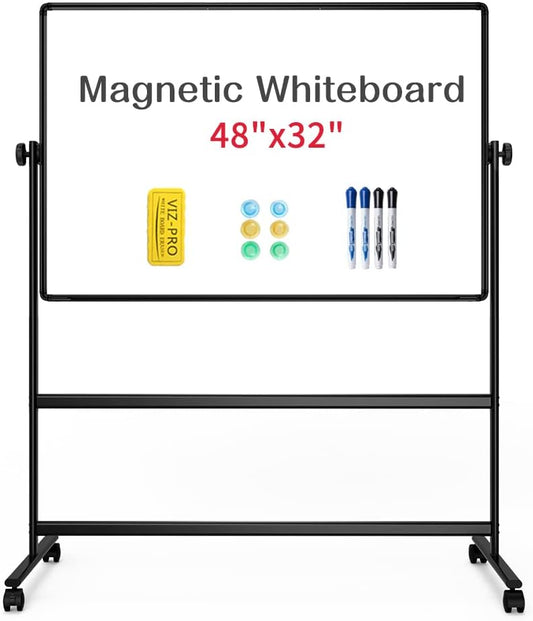 VIZ-PRO Double-Sided Magnetic Whiteboard - 48 x 32 Inches, Height Adjustable, Includes Markers & Accessories