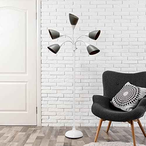 Simple Designs LF2006-GOW 67" Contemporary Multi Head Medusa 5 Light Adjustable Gooseneck White Floor Lamp with Gray Shades for Kids Bedroom Playroom Living Room Office