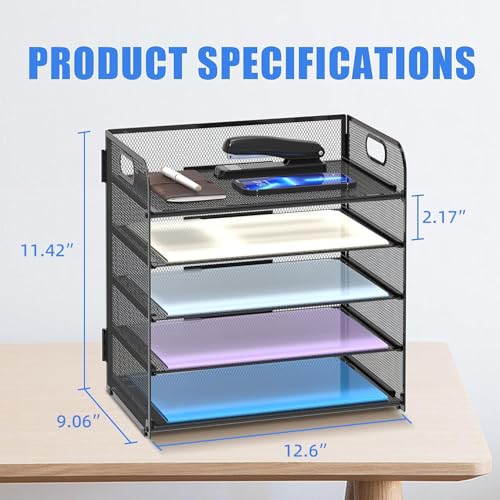 Supeasy Black 5-Tray Mesh Desk Paper Organizer with Handle - Office & Home