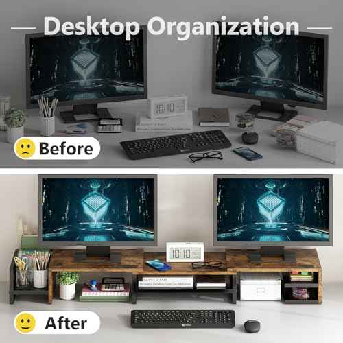 Wisdom Star Dual Monitor Stand with Drawer, Desk Organizers and Accessories, Adjustable Length & Swivel Angle, 2-Tier Computer Monitor Stand for Computer, Laptop, PC, Brown