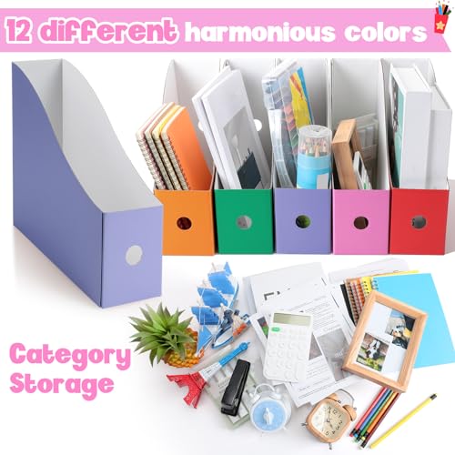 Colarr 48-Pack Cardboard Magazine File Holders with Labels, Colorful Desk Organizers