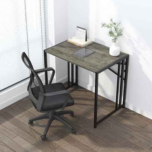 32 inch Small Folding Desk, Writing Gaming Computer Camping Desk for Small Spaces, No Assembly Required Home Office Desk, Black Oak
