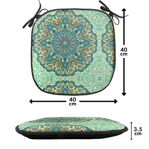 Ambesonne Ethnic Chair Seating Cushion Set of 8, Abstract Flower Arrangement Mandala Style Nature Elements Vibrant, Anti-Slip Seat Padding for Kitchen & Patio, 16"x16", Pale Yellow Turquoise