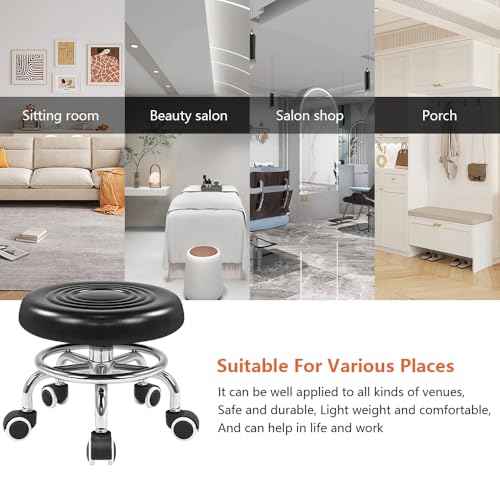 KKTONER Black Roller Seat PU Leather Rolling Stools with Wheels Nail Stool for Home Work Office Shop Step Stool (Black)