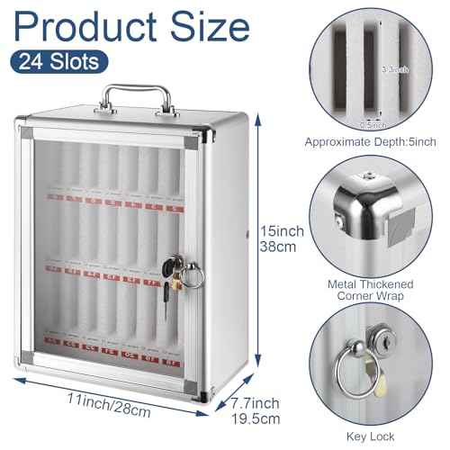 Aluminum Cell Phone Lock Box with Key 24 Slots Aluminum Alloy Pocket Chart Storage Cabinet for Cell Phone Locker Wall-Mounted Cell Phone Box Cell Phone Storage Cell Phone Jail for Office