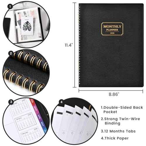 Artfan 2026 Monthly Planner - 2026 Planner, Jan. 2026 - Dec. 2026, 2026 Calendar Monthly Planner, 12-Month with Colorful Tabs, 8.86" x 11.4", Saffiano Leather, Black Leather