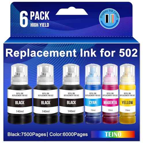 TEINO Replacement for Epson 502 Ink Refill Bottles for Ecotank ET-3760 ET-2850 ET-3850 ET-4850 ET-4760 ET-15000 ET-2750 ET-2760 ET-3830 ET-3843 Printer (Replacement for 502 Ink 3BK C M Y)